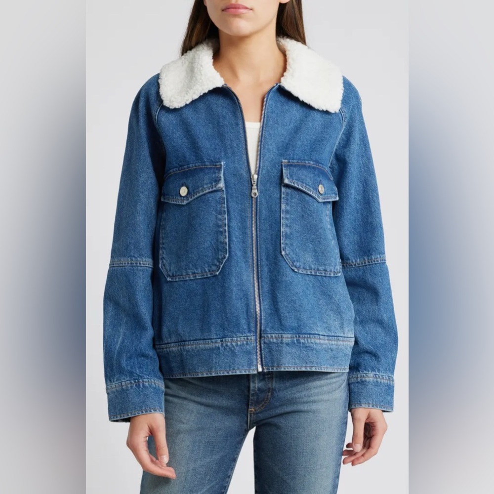 NWT RAILS Cheyenne Faux Shearling Collar Denim Zip-Up Utility Jacket